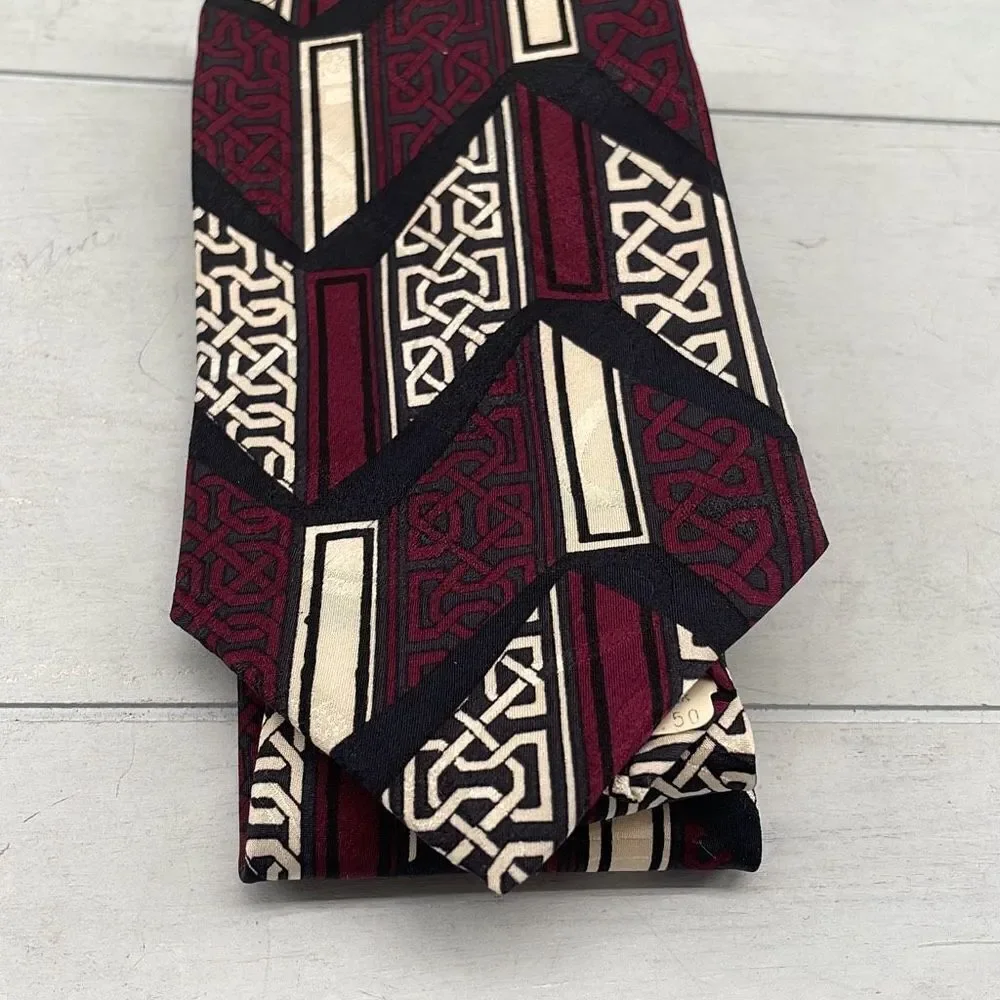 Vintage Paulo Zini Silk Ties For Mens Black Maroon Greecian‎ Geometric Italy